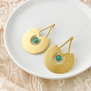 2/$30🌵 Gold Large Circle Teal Green Stone Earrings Statement Boho Jewelry NEW